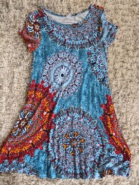 Blue Printed Casual Women's Dress with Multicolor Mandala Motif